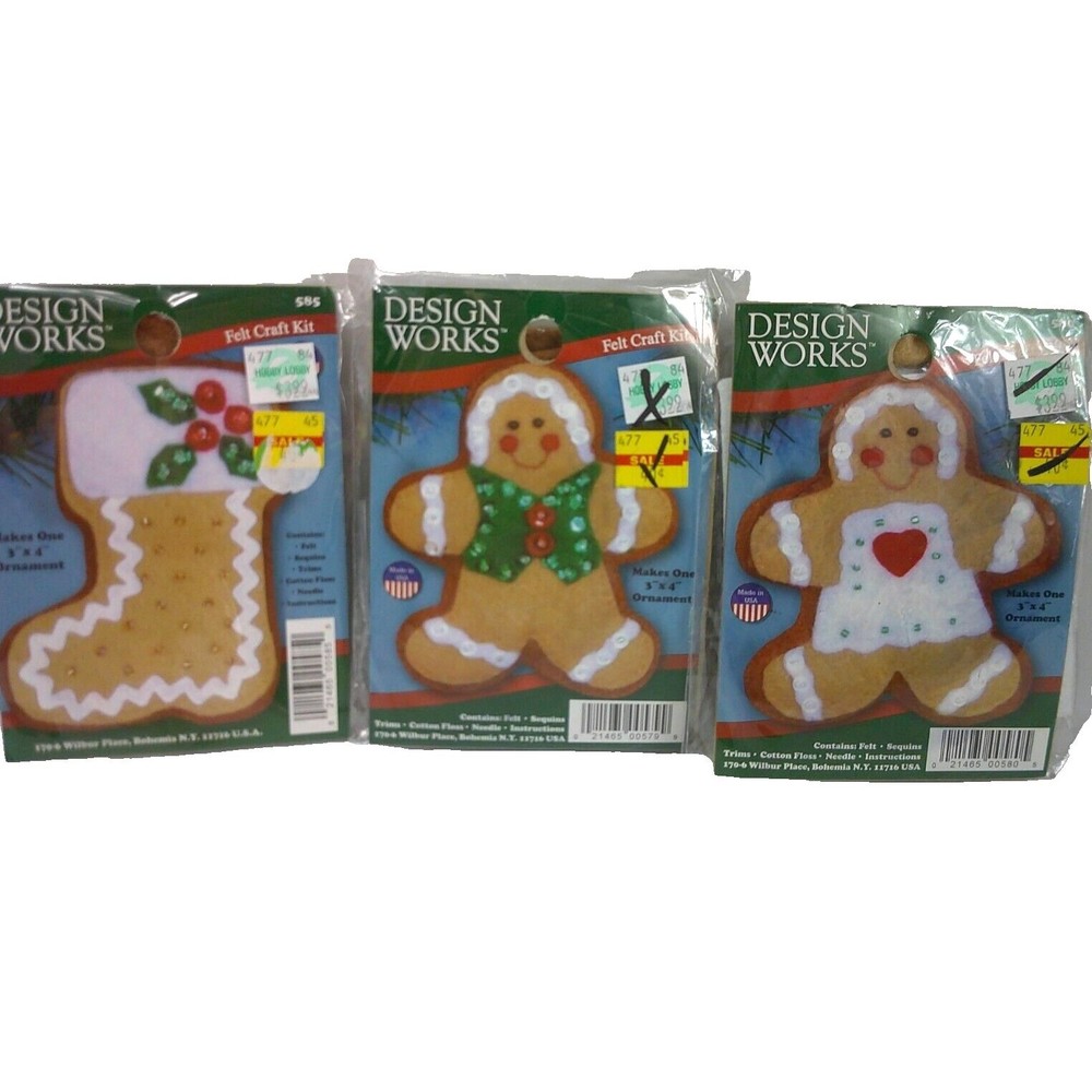 Design Works Felt Ornament Kits Gingerbread Man 579 580 Stocking 585 Lot of 3